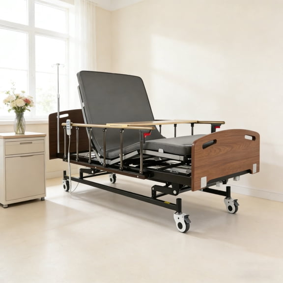 Electric Hospital Bed for Home Care, 4-Function Medical Bed with 6" Washable Mattress & 6-Piece ABS Bed Board, Foldable Aluminum Side Rails, Overbed Table, IV Pole, 450 lbs Capacity