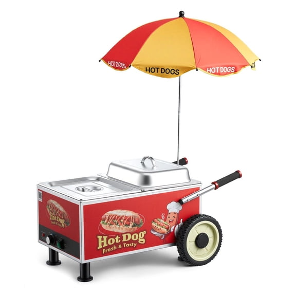 Electric Hot Dog Cart Machine - 1200W Stainless Steel Steamer, 86-203F Temp Control, Portable with Umbrella & Wheels for Food Stands & Parties