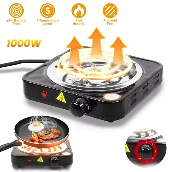 Electric Hot Plate, 1000W Portable Electric Stove Countertop Single Burner, 5 Level Temperature Control, Power Indicator Lights, Easy to Clean, Cooktop for Dorm, Office, Home, Camp, Black