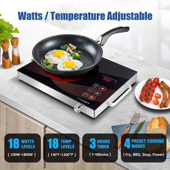Electric Hot Plate Single Burner for Cooking, Portable Countertop Free Standing Stove 1 Burner, 1800W Glass Ceramic Cooktop with Timer