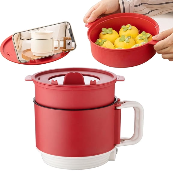 Electric Hot Pot, 1.5L Mini Instant Non-stick Pot Ramen Cooker with Steamer, Electric Cooking Pot with Over-Heating Protection, Multi-Functional Lazy Pot for Pasta Egg Rice Oatmeal, Soup, Red