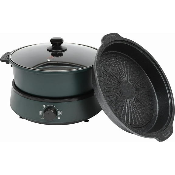 Electric Hot Pot - 4.2QT /4L Capacity, Split Non Stick Electric Skillet Pot for Cooking Burner with Shabu Shabu Pot and Grill Pan, Green