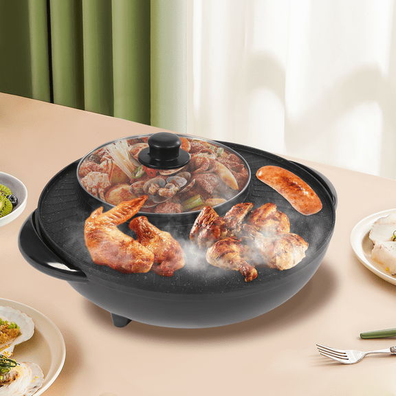 Electric Hot Pot with Divider, 2-in-1 Circular Hotpot Grill Combo Smokeless BBQ Electric Hot Pot, Portable Smokeless Grill, Circular Edition Hotpot Grill Combo Indoor BBQ