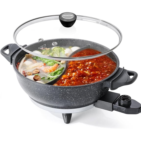 Electric Hot Pot with Divider | EvenHeat Cast Aluminum Non-Stick Pot for No-Spot Cooking | 1500W Fast Heating | Dual-Flavor Shabu Shabu Pot for | 1-Yr Warranty | Granite Black