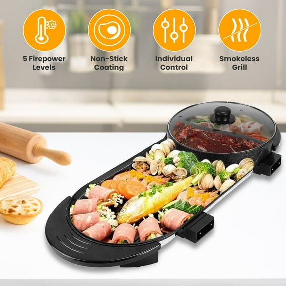 Electric Hot Pot Electric with Grill, 2 in 1 Indoor Non-Stick Electric Pot and Griddle for Korean BBQ Steaks Shabu with Independent Dual Temperature Control
