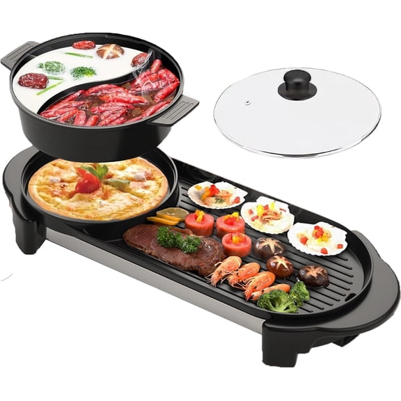 Electric Hot Pot with Grill 2 in 1 Shabu Shabu Korean BBQ Grill Removable Hotpot Pot 1200W Large Capacity Baking Tray Separate Temperature Control Electric Grill for 2-12 People
