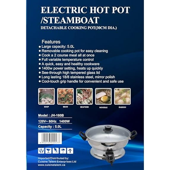 Electric Hot Pot JH-160B-30cm with Divider 304 Stainless Steel, 1400W Dual-Sided Shabu Hot Pot, 4 Liters