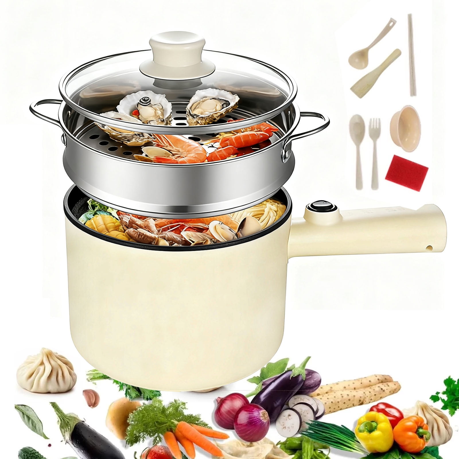 Multifunctional Electric Cooking Pot with Steamer, Mini Non-Stick