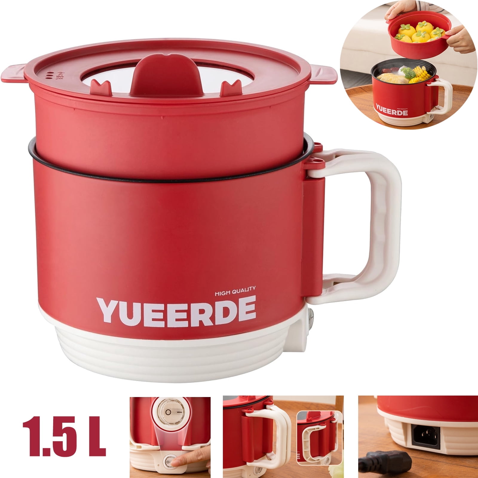 Electric Hot Pot, Ramen Cooker with Steamer, Mini Instant Non-stick Hot Pot with Over-Heating Protection and Dry Burning Protection, Multi-Functional Lazy Pot for Cooking Pasta Egg Soup, 1.5L, Red