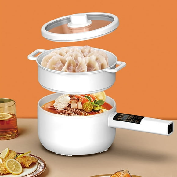 Electric Hot Pot with Steamer, 2L Non-stick Mini Electric Pot, Portable Electric Hot Pot for for Steak, Egg, Fried Rice, Ramen, Oatmeal, Soup with 2 Power Adjustment,White