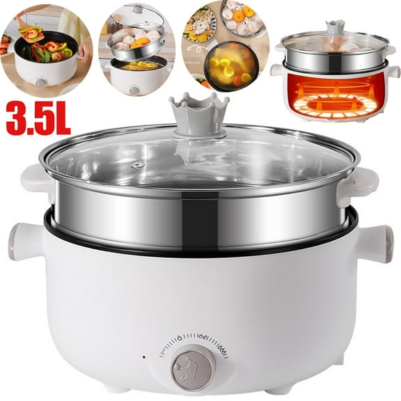 Electric Hot Pot with Steamer, 3.5L Large Capacity Non-Stick,3 Power Levels,Multifunctional Ramen Cooker Rapid Noodles Electric Cooker with Dual Gear Control,White