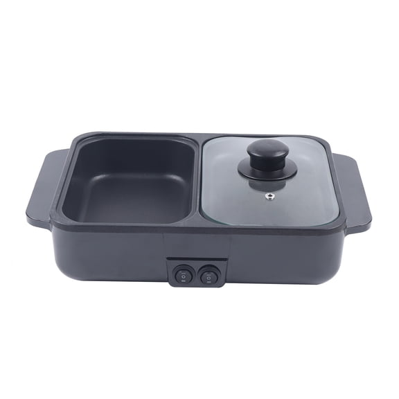 Electric Hot Pot with Grill, 2 in 1 Hot Pot and Frying Pan, Non Stick Shabu Pot and Griddle, Dual Temperature Control (Black)