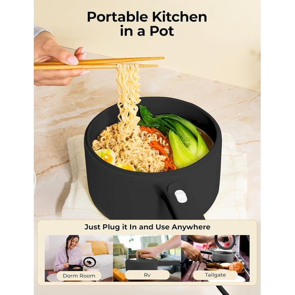 Electric Hot Pot with Lid and Steamer, 1.5L Non Toxic Ceramic Cooker for Ramen, Eggs, Pasta Portable and Compact