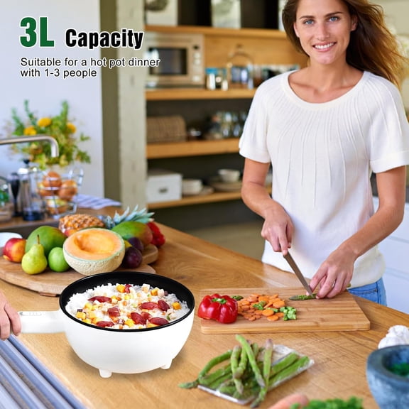 Electric Hot Pot with Steamer, 3L Non-Stick Frying Pan for Ramen Soup Steak Egg Fried Rice Dual Power Settings