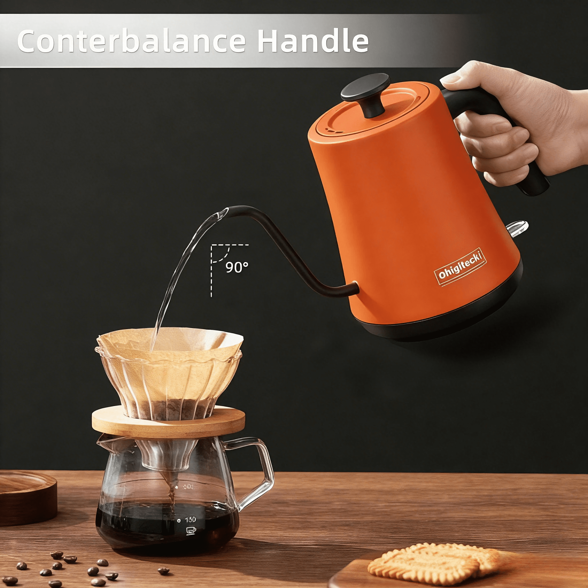 Electric Hot Water Kettle 1.0L, Gooseneck Spout Black Stainless Steel Coffee Pot with Built-in Temperature Gauge(orange)