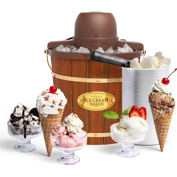 Electric Ice Cream Maker - Old Fashioned Soft Serve Ice Cream Machine Makes Frozen Yogurt or Gelato in Minutes - Fun Kitchen Appliance - Vintage Wooden Style - Dark Wood - 4 Quart