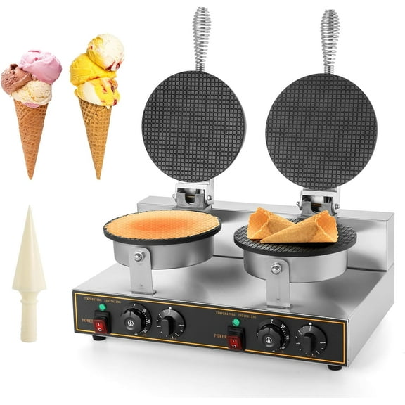 Electric Ice Cream Waffle Cone Maker Roll Maker Baker Double Station Nonstick Coating 304 Stainless Steel
