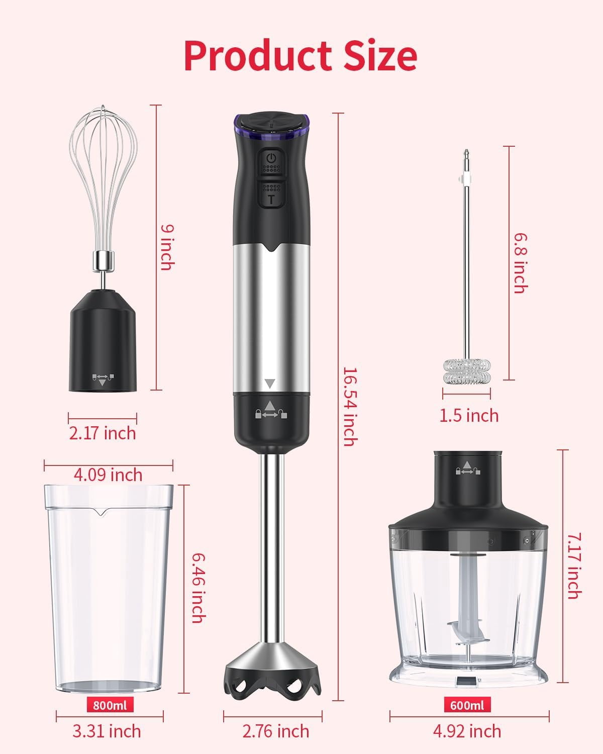 Electric Immersion Blender Handheld 1200W 5-in-1 with 20-Speed Turbo Boost, 800ml Beaker & 600ml Chopper for Smoothies Soups Baby Food