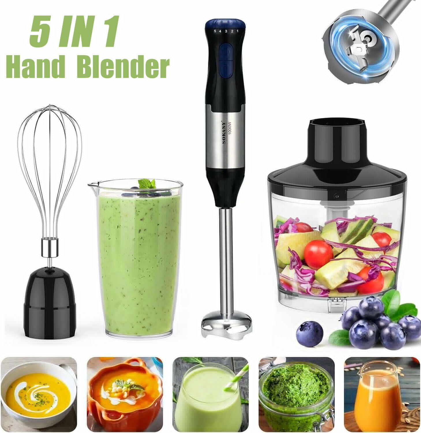 Electric Immersion Hand Blender Portable Stick Mixer 5 Mixing Speed, Meat Grinder with Stainless Steel Blades Meat, Vegetable, Fruit, Baby Food