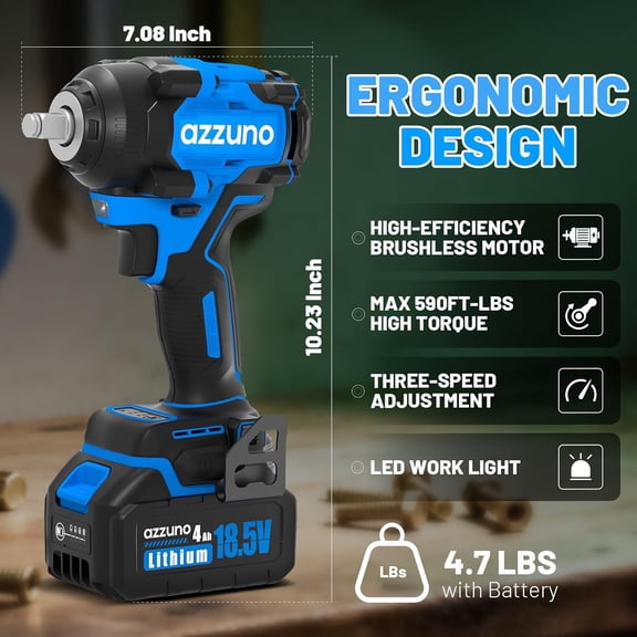 Electric Impact Wrench 1/2'' Cordless Brushless 590Ft-lbs (800N.m) Power Impact Driver