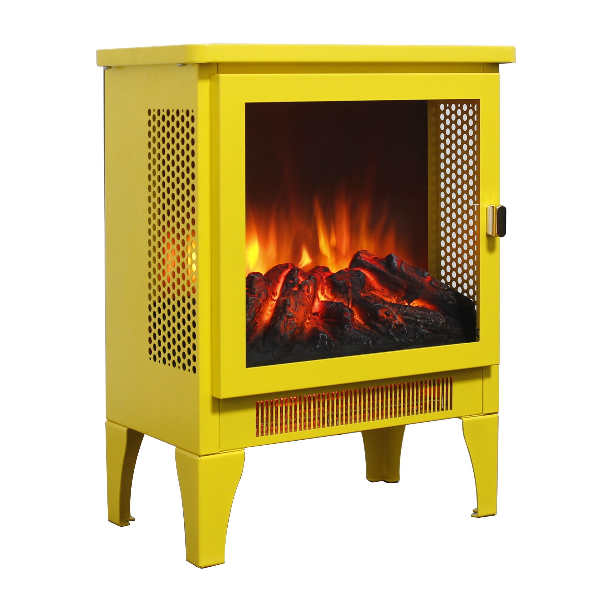 Electric Indoor Fireplaces, 17 inch Freestanding Electric Fireplace Stove heater with 3D Flame effect,Lemon Yellow, Bright Yellow Indoor Fireplaces,Tempered Glass+Sheet Metal Fireplace Tools Set