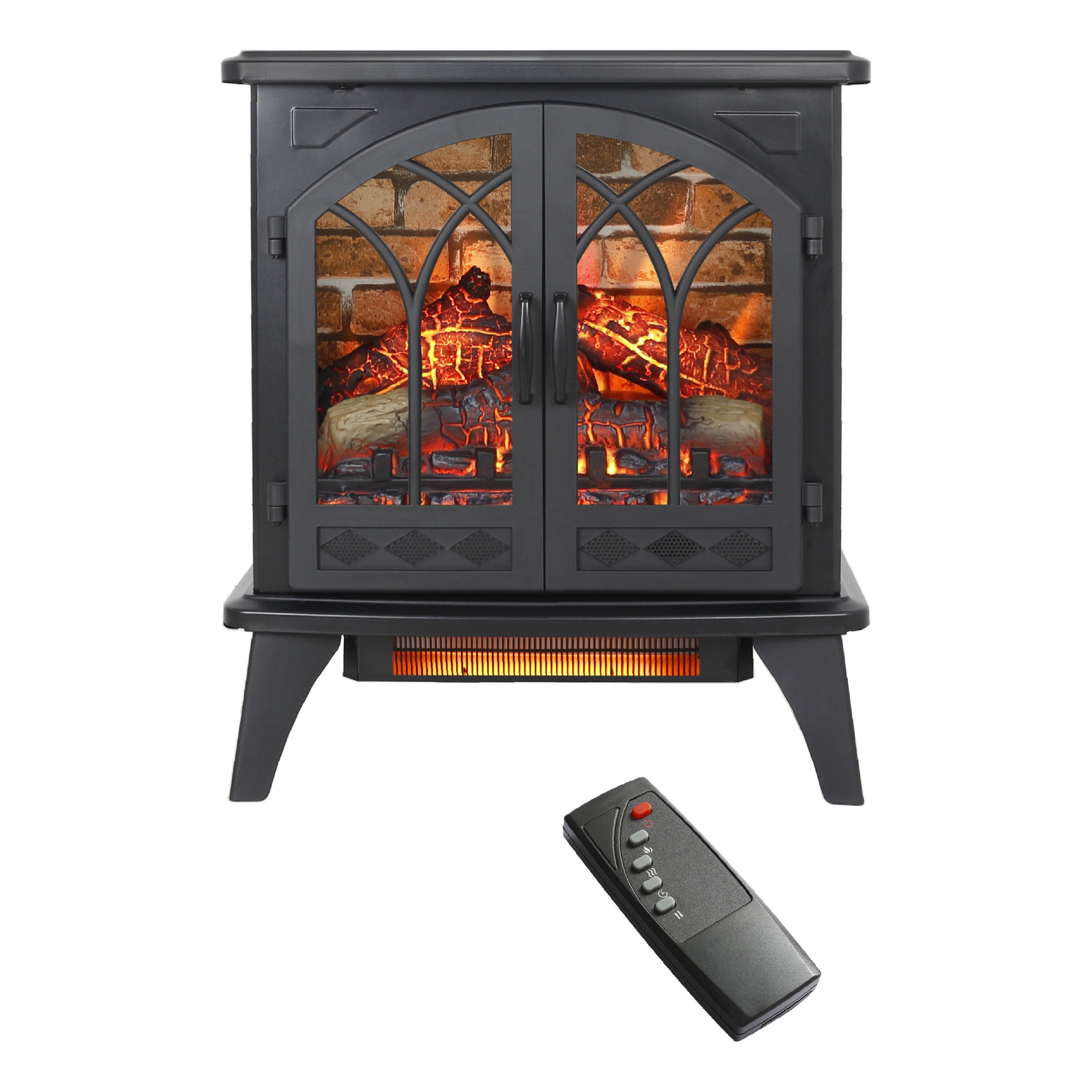 Electric Indoor Fireplaces, 24 inch 3D Flame Electric Infrared Quartz Fireplace Stove with remote control, Antique Black Indoor Fireplaces,Tempered Glass+Sheet Metal Fireplace Tools Set