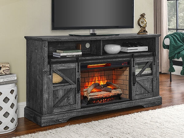 Electric Indoor Fireplaces, 60 Inch Electric Fireplace Entertainment Center With Door Sensor-Dark Rustic Oak, Dark Oak Indoor Fireplaces,Wood+Stainless Steel+Glass Fireplace Tools Set