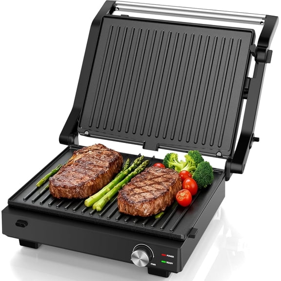 Electric Indoor Grill 14 Inch Panini Press Grill 1600W Electric Grill for Steak Burger Sandwich 450F Dual Cooking Plates 180 Flat Griddle Removable Non-stick Grill & Drip Tray Dishwasher Safe