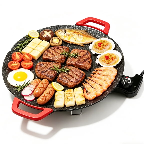 Electric Indoor Grill, 14 inch Nonstick Smokeless Round Griddle with Temperature Control for Kitchen BBQ Steak Pancakes