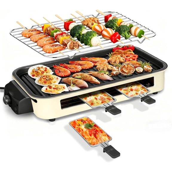 Electric Indoor Grill 1500W, 2 in 1 Smokeless Indoor Grills with Non-stick Removable Grill & Griddle Plate, Temperature Control, Portable Korean BBQ Grill with 3 Raclette Cheese Pans