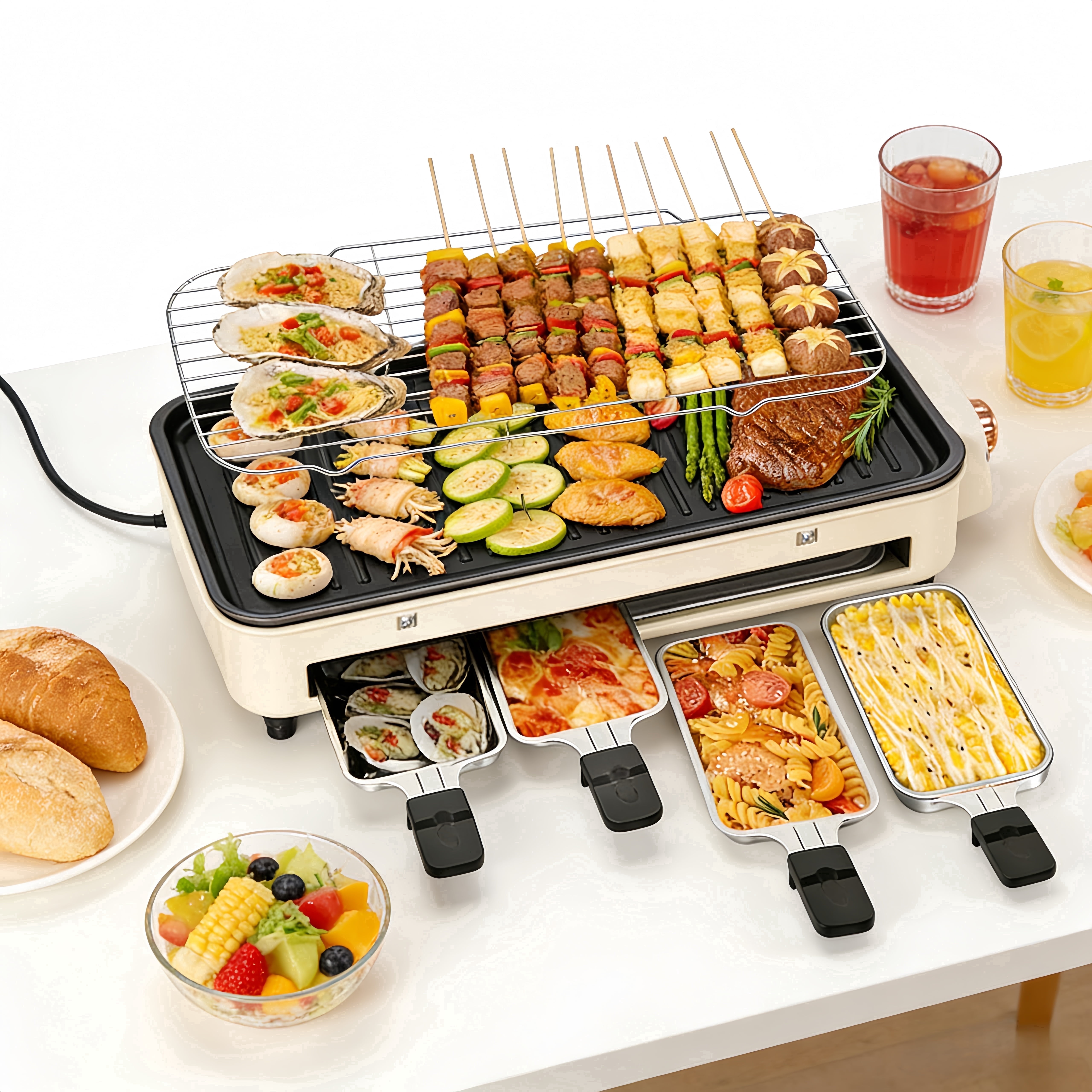 REDUSK Electric Indoor Grill 1500W, 3 in 1 Versatile Smokeless Indoor Grill for Home Cooking, Non-Stick Removable Grill & Griddle Plate, Temperature Control,  White