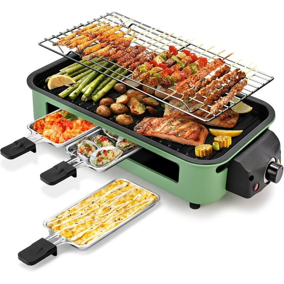 Electric Indoor Grill,2 in 1 Indoor Grills for Kitchen with Grill Net & Non-Stick Cooking Removable Plate, Temperature Control, Dishwasher Safe, 1500W Smokeless Grill