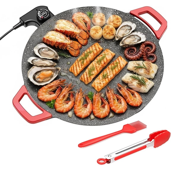 Electric Indoor Grill Nonstick Smokeless, 14 Inch Round Griddle with Temperature Control, Includes Oil Brush & Food Tongs for Kitchen, BBQ, Pan Searing Steak, Pancakes