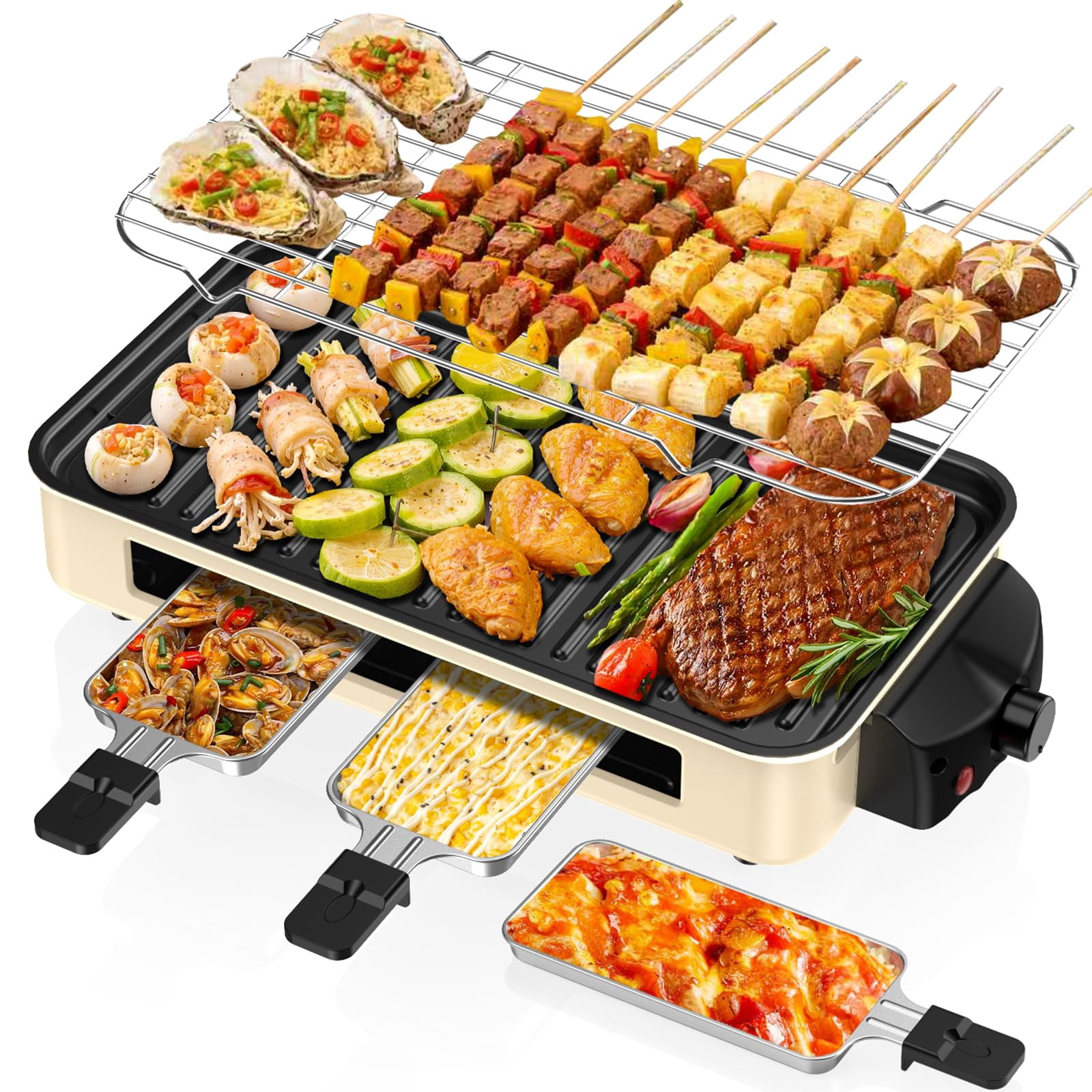 Electric Indoor Grill White 2-in-1 Non-Stick Removable Plates Temperature Control