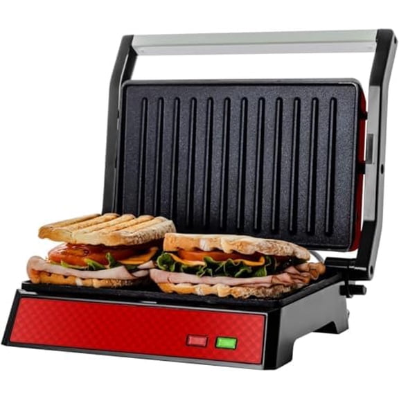 Electric Indoor Panini Press Grill and Sandwich Maker with Non-Stick Coated Plates, Cool-Touch Handle and Removable Drip Tray, Opens 180 Degrees to Fit Any Type or Size of Food, Red GP0540R