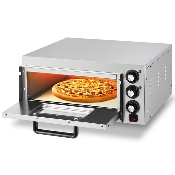 Electric Indoor Pizza Oven Countertop, 14 Inch Single Deck Commercial Pizza Maker with Pizza Stone, Stainless Steel Interior, 1800W 110V for Home Kitchen & Restaurant, Silver