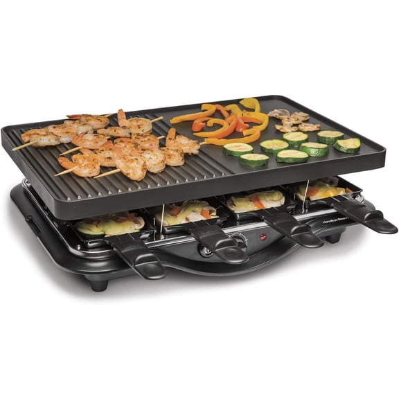 Electric Indoor Raclette Table Grill, 200 sq. in. PFAS-Free Nonstick Griddle Serves up to 8 People for Parties and Family Fun, Includes 8 Warming Trays, Black (31612MN-MX)