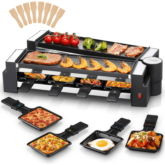 Electric Indoor Raclette Table Grill, Serves up to 8 People for Parties and Family Fun, Includes 8 Warming Trays