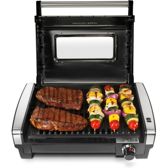 Electric Indoor Searing Grill with Viewing Window & Adjustable Temperature Control to 450F, 118 sq. in. Surface Serves 6, PFAS-Free Removable Nonstick Grate, Stainless Steel