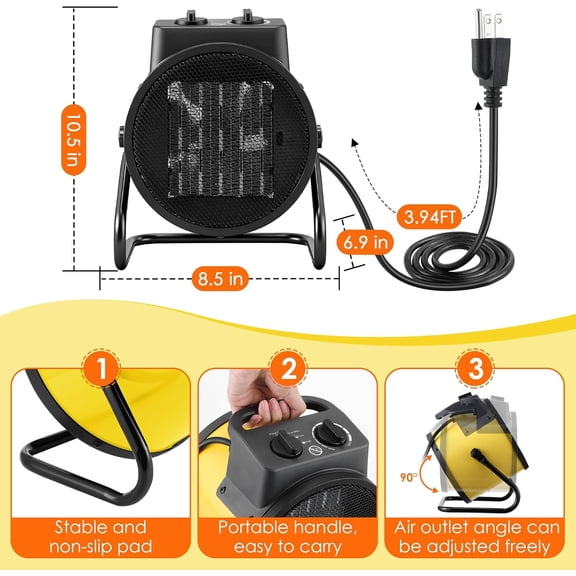 Electric  for Indoor Use, 1500W Quick Heating Portable Garage  with 90° Adjustable Angle, Space Warmer Suitable for Greenhouse Garage Tent Indoor Outdoor(Yellow,1 Pcs)
