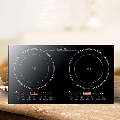 Electric Induction Dual Cooktop, Digital Kitchen Countertop Hot Plate Burners with Adjustable Temperature Black Crystal Panel 2200W