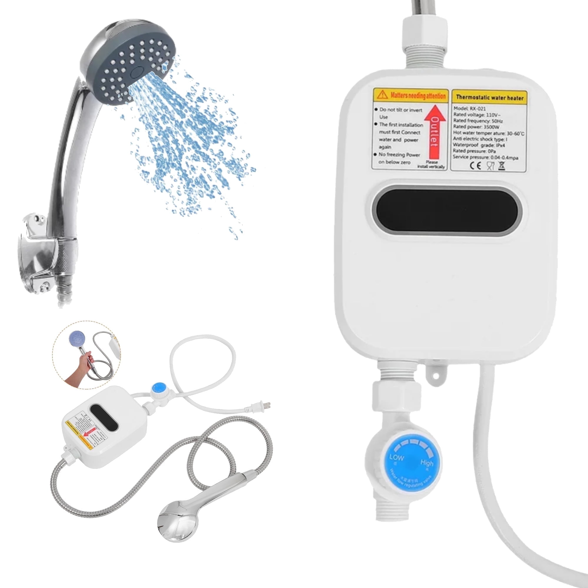 Instant Electric Water Heater - 3500W Tankless Shower & Faucet Heater for Kitchen/Bathroom (110V, LCD DisplayWhite)