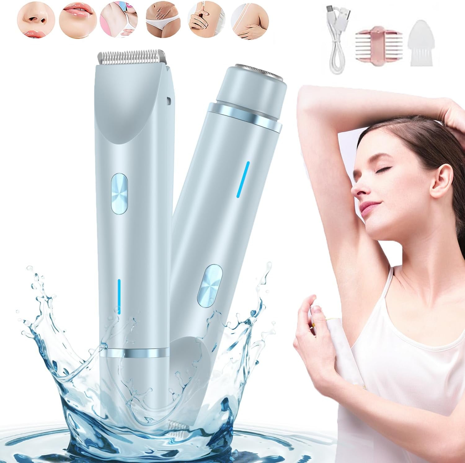 Electric Intimate Hair Trimmer for Women, Double Sided Electric Bikini Trimmer Waterproof, Shaver and Razor Rechargeable 2-in-1 Body and Facial Epilator, Painless Electric Razors for Skin