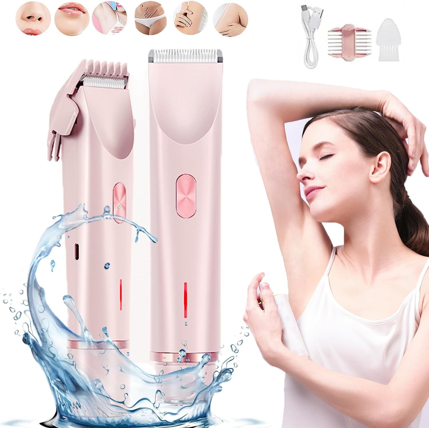 Electric Intimate Hair Trimmer for Women, Double Sided Electric Bikini Trimmer Waterproof, Shaver and Razor Rechargeable 2-in-1 Body and Facial Epilator, Painless Electric Razors for Skin