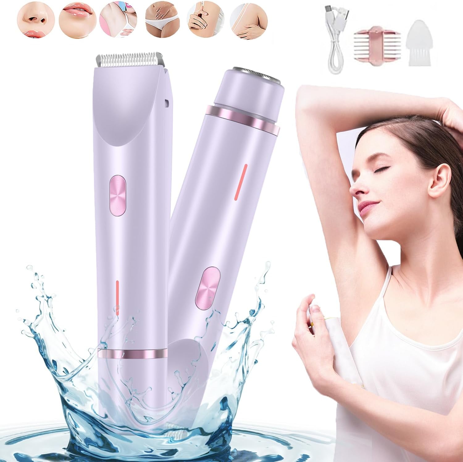Electric Intimate Hair Trimmer for Women, Double Sided Electric Bikini Trimmer Waterproof, Shaver and Razor Rechargeable 2-in-1 Body and Facial Epilator, Painless Electric Razors for Skin