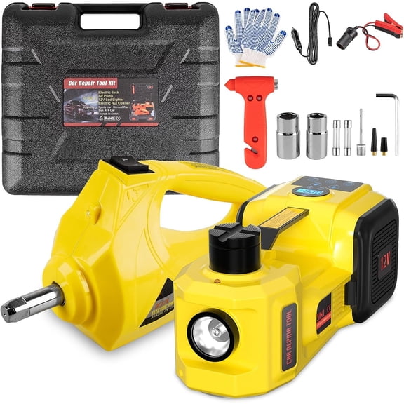 Electric  Jack, 5 Ton 12V Digital Display Electric Jack for  with E- Wrench, Tire Inflator Pump and LED Light, (Lifting Range: 6.1~17.7 Inch) for Sedan, SUV,  Tire Change Replacement