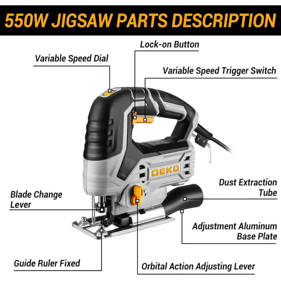Electric Jigsaw Tool for Woodworking - 6 Variable Speed, 4 Orbital Settings, 45 Bevel Cutting, Tool-less Blade Quick Release