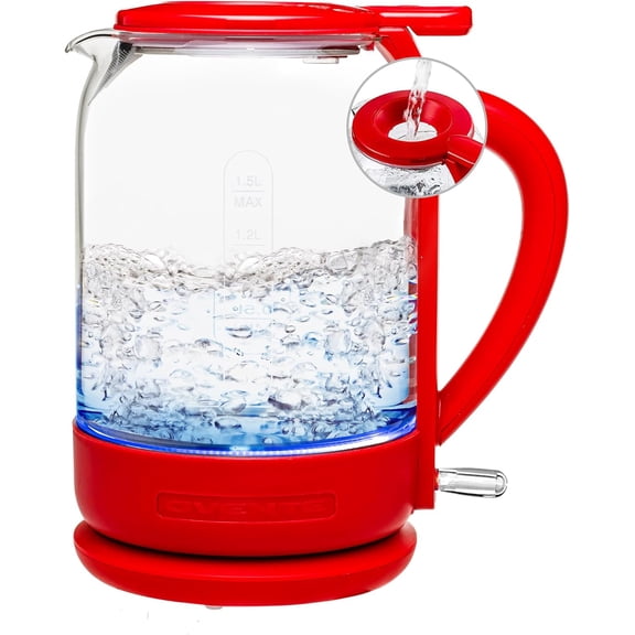 Electric Kettle with 1.5L Borosilicate Glass, 1500W Fast Boiling Water Heater for Coffee or Tea, Easy to Fill Lid, Auto Shut-Off, Boil-Dry Protection & Stainless Steel Filter, Red KG516R