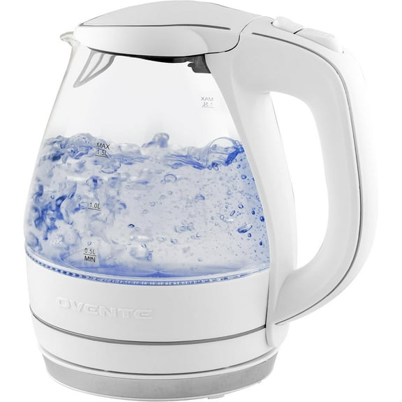 Electric Kettle, 1.5L Borosilicate Glass Countertop Water Heater and Boiler for Coffee or Tea, BPA-Free, Auto Shut-Off, Boil-Dry Protection, Removable Washable Spout Filter, White KG83W