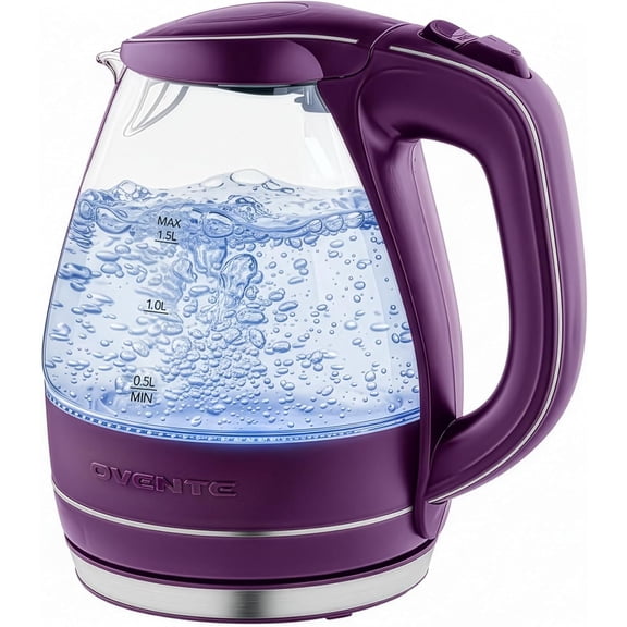 Electric Kettle, 1.5L Borosilicate Glass Countertop Water Heater and Boiler for Coffee or Tea, BPA-Free, Auto Shut-Off, Boil-Dry Protection, Removable Washable Spout Filter, Purple KG83P